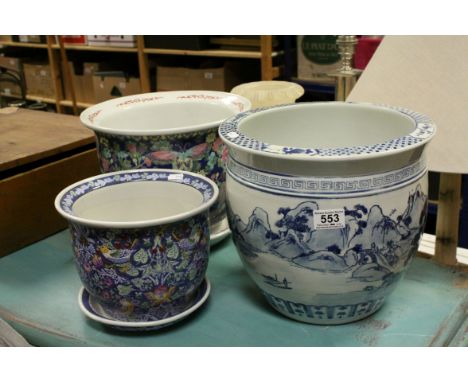 Three Chinese Style Ceramic Jardinieres / Planters, two with Trays, the largest 30cms diameter x 27cms high