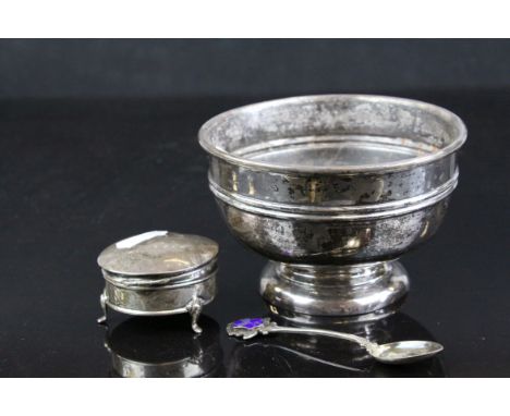 Silver Bowl, Birmingham 1912, Silver Circular Trinket Box raised on Three Legs, Birmingham 1908 and a Silver Teaspoon set wit