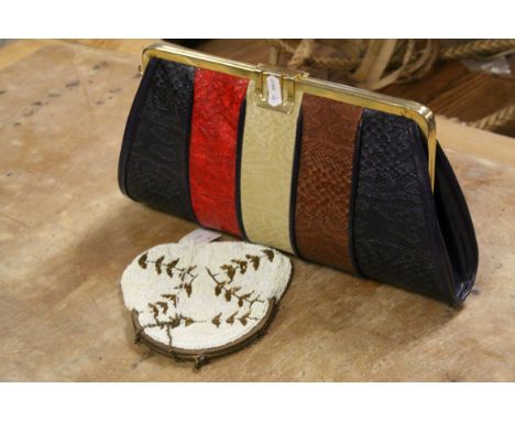 Vintage Beaded Handbag together with a Snake Skin Multi-colour Clutch Bag