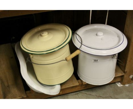 Two Vintage Enamel Slop Buckets and an Enamel Douche Pan