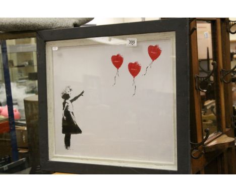 Modern school, a framed artwork on canvas, portrait of a girl with red balloons, 39 x 48cm