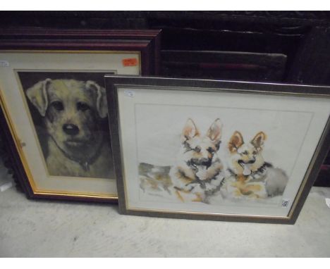 A signed print study of alsatian dog together with an oil painting of a terrier