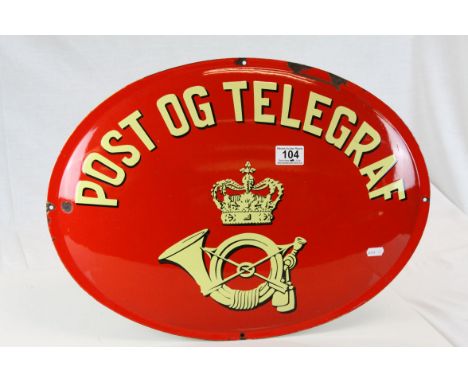 Vintage Danish Oval Enamel Sign ' Post og Telegraf ', 53cms long