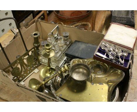 Collection of Silver Plate, Brassware and Metalware including Candlesticks, Crumb Brush and Tray, Walker &amp; Hall Silver Pl