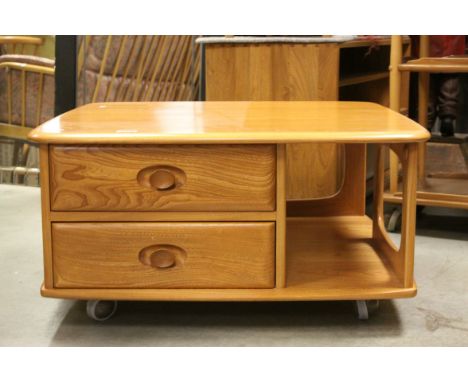 Ercol Golden Dawn ' Windsor Pandora's Box ' Square Coffee Table with Two Drawers and Book Storage below, 80cms x 80cms