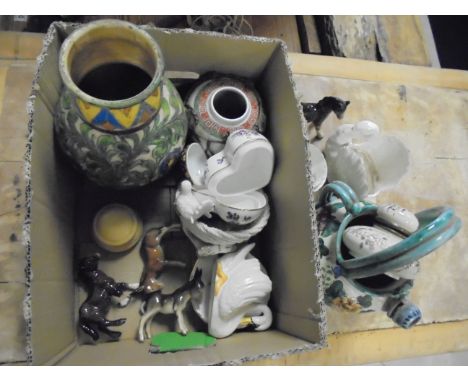 Mixed Lot of Ceramics including Italian Faience Wine Urn, Beswick Woolly Shetland Pony, Two Donkeys and a Horse Figure, Sylva