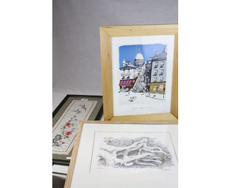 Framed oriental silk panel of flowers and lovebirds, a pencil sketch drawing of The New Zealand Pohutukawa Tree by Sean Rothe