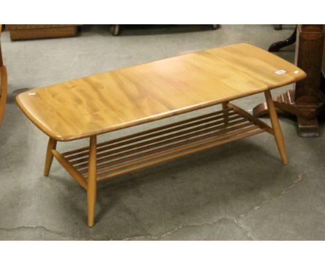 Ercol Blonde Elm and Beach Windsor Coffee Table with Slatted Shelf below, 105cms wide x 36cms high