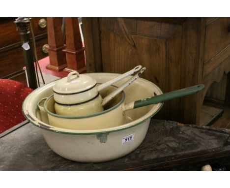 Vintage Yellow Enamel Kitchenware including Lidded Saucepan, Two further Saucepans and a Large Bowl