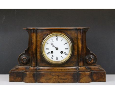 19th century Fruitwood Cased Mantel Clock of architectural form with circular white enamel dial, Roman numerals and two windi