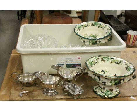 Two Mason's ' Chartreuse ' Footed Bowls, Two Heavy Cut Glass Fruit Bowls plus Two Silver Plated Milk Jugs (one a/f) and a Sil