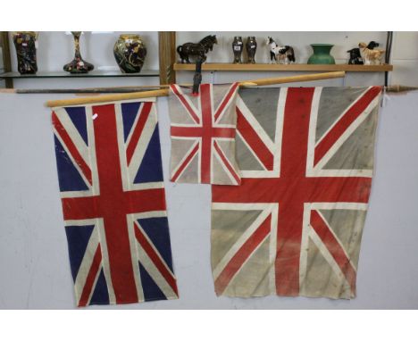 Three Vintage Union Jack Flags on Poles, the largest flag 88cms x 66cms