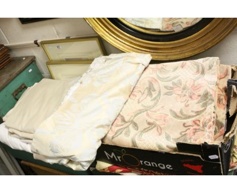 Curtains - one pair of cream linen, lined and interlined, L206 x w160cm each curtain, one single cotton damask cream &amp; bl