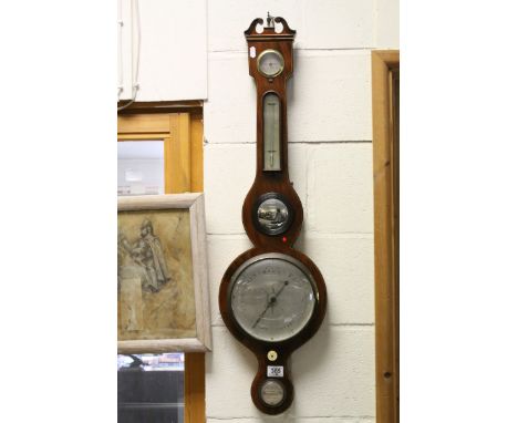 19th century Inlaid Mahogany Wheel Barometer / Thermometer with Hydrometer, Central Convex Mirror and Level below inscribed, 
