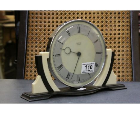 Art Deco ' Smiths ' Mantle Clock on a Black and Cream Bakelite Stand, 17cms high
