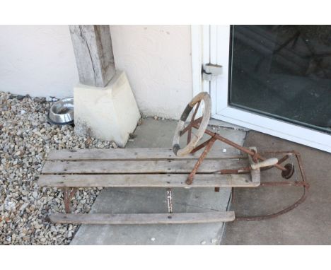 Vintage Norwegian Wooden and Iron Sledge with label ' Oslo Cykle &amp; Sportsforr ', 116cms long