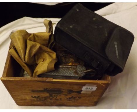 Wood carton contain misc. tools and 10x40 Bresser binoculars           