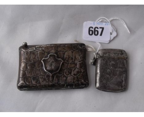 A cigarette case with textured sides Birm 1908 2.75” long   also a vesta case 45g       