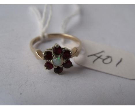 9ct opal garnet cluster ring approx size C    