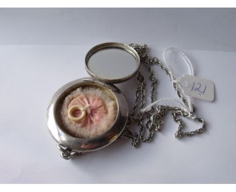 Ladies silver circular compact on silver chain   