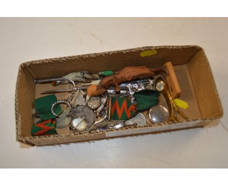 A box containing coinage, jewellery, enamel decorated pendant in the form of a Mummy etc.