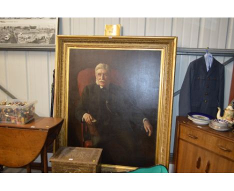 A large English school oil on canvas portrait study of a seated gentleman with Dalgety booklet; contained in an ornate gilt f