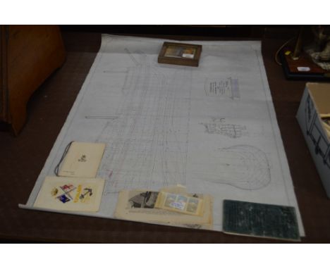 A hand drawn diagram of a ship; together with a framed Irish hospitals sweep stake ticket; a World War I sweetheart postcard 
