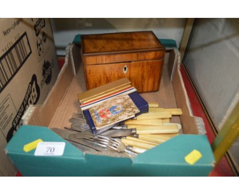 A box containing a 19th Century tea caddy and contents and various cutlery etc.