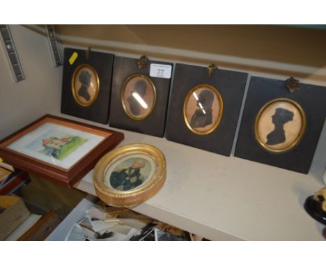 Four 19th Century framed silhouettes, a small watercolour study of a building, and a small gilt framed oval portrait study