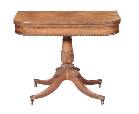  A George IV mahogany card table  , circa 1825, in the manner of Gillows, with baise playing surface, with carved acanthus st