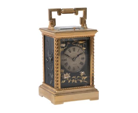  A French gilt brass and oxidised electrotype carriage clock,   retailed by Army and Navy, Paris, late 19th century , the eig