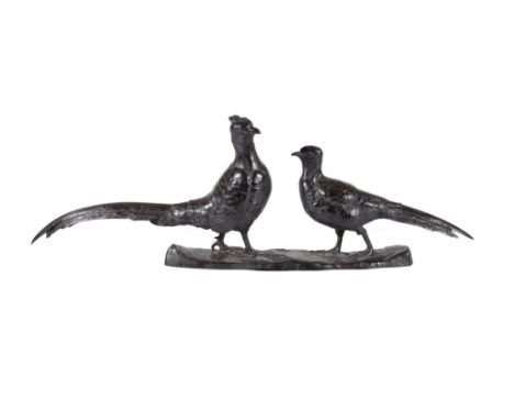  Else Furst, (German 1873 ~ 1943), a patinated bronze group of two pheasants,   a cock and a hen bird, naturalistically portr