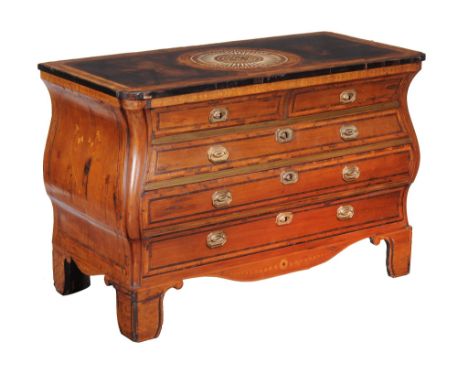 Ω  A Continental mahogany, karelian birch, rosewood and tulipwood banded commode, circa 1800, of serpentine form, the top inc