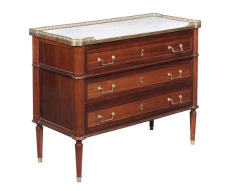  A French Directoire walnut commode  , circa 1830, the marble top with brass gallery, above three long frieze drawers, 85cm h