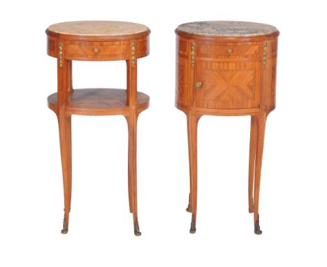  A pair of French oval lady's and gentleman's bedside tables  , 20th century, each with variagated marble above a drawer, one