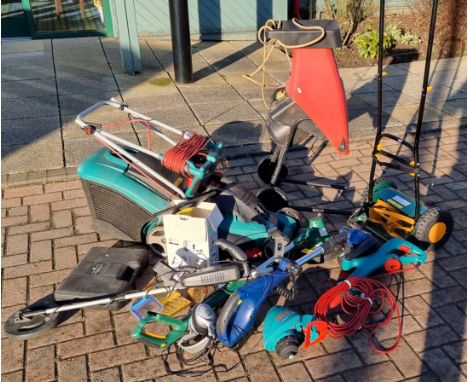 A Champion 2400W garden shreader PDCGS2400F, a Bosch Rotak 36 Ergoflex lawnmower and a quantity of garden tools 