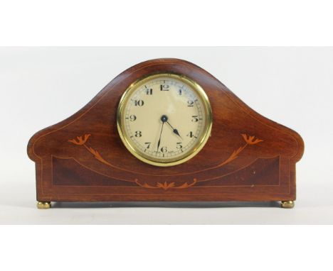 An early 20th Century mantle clock, manual wind mahogany inlaid case with enameled face and swiss movement.  L:29cm 16cm tall