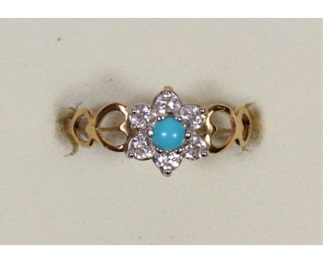 A 9ct gold, turquoise and CZ cluster ring, O, 1.1gm 