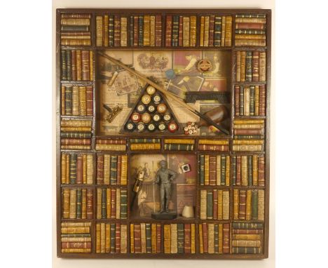 Two wall hanging dioramas sporting scenes, carved wood, depicting pool memorabilia surrounded by books 56cm x 57.5cm x 5cm, t