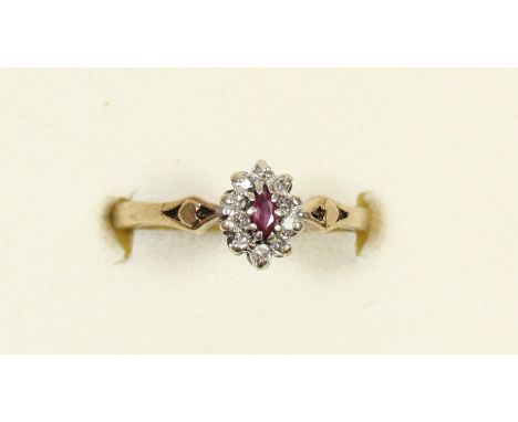 A 9ct gold ruby and diamond cluster ring, K, 1.8gm 