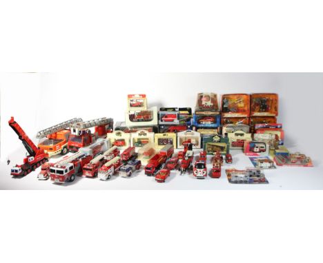 Two boxes of primarily fire rescue related models, makers to include - Matchbox, Corgi, Mattel and Majorette. (2) 