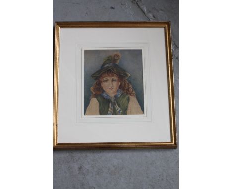 An original watercolour portrait of a young girl with ginger hair and a green hat, framed, mounted and glazed, unsigned, 18 x