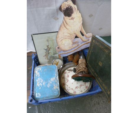 A mixed lot including, a stag hoof lamp base, dated 1940, a wooden cut out of a pug dog, a hunting print, a vintage sandwich 