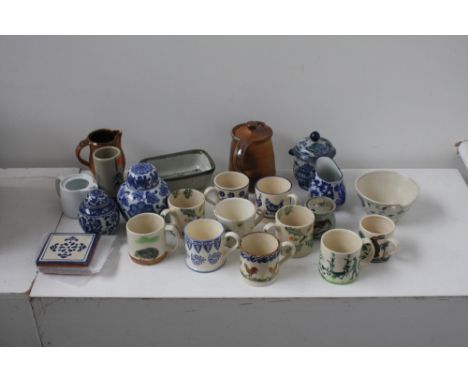 A mixed lot of ceramics and glass to include a selection of coffee cups namely Brixton Pottery, Bridgewater, Westfield Art Po