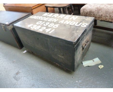 A large painted trunk, twin side handles, the top reading Warren Aberdeen Angus (locked)