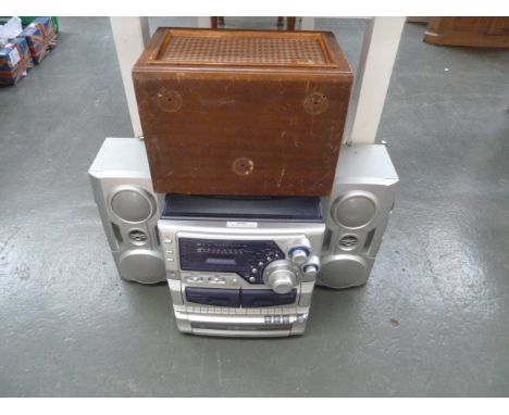 A Goodmans Midi System Hi Fi CD player, twin cassette and turntable, with two speakers and another vintage HMV speaker with w