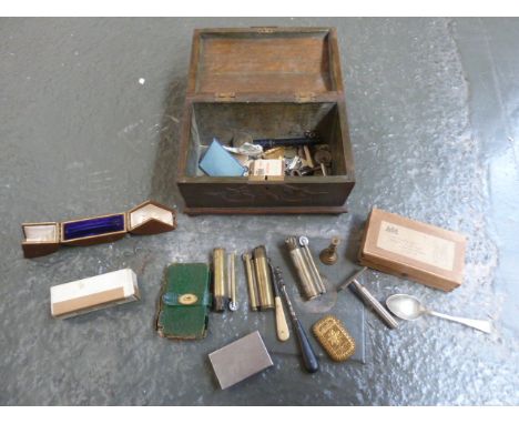 A mixed lot including, a gilt metal filigree vesta case, a button screw, brass lighters, a Swann fountain pen, and other item