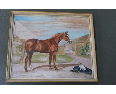 English School, 20th century 'Lisnagar' portrait of a chestnut horse and Jack Russell terrier, oil on canvas, signed 'Waller'