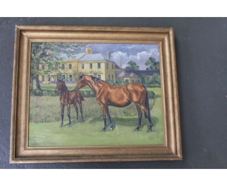 English School, 20th century, Portrait of a Bay Horse and foal, oil on canvas, signed 'Waller' lower left, titled and dated 1