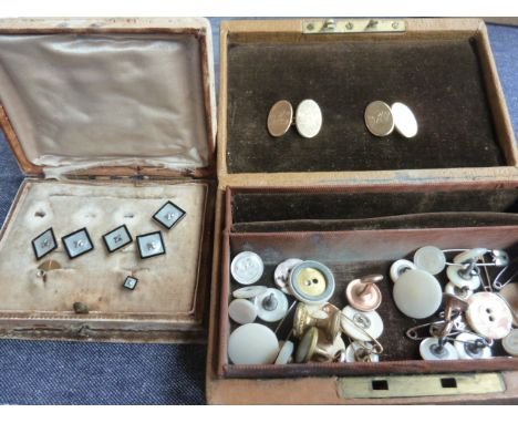 A pair of 9ct gold cufflinks (9.6g), with a pair of 9ct gold and mother of pearl cufflinks, with some button studs, in a case